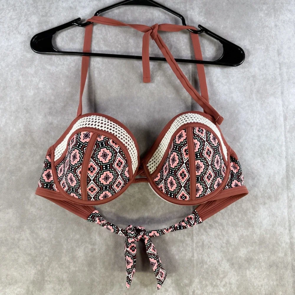 Xhilaration Women Crochet Panel Push-Up Bikini Top Aztec Geo Boho Brown D/DD NWT